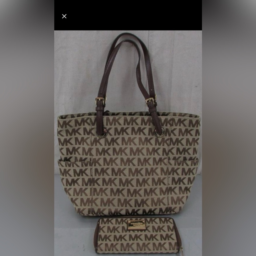 Michael Kors Brown and Beige MK Logo Canvas Tote